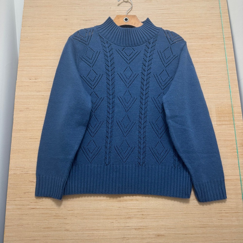 Lord Isaacs Blue Pointelle Diamond Knit Mock Neck Sweater Mens Medium